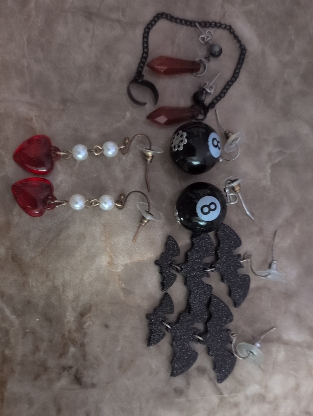 Hot Topic Red Heart, Black Bat & 8-Ball Earring Set